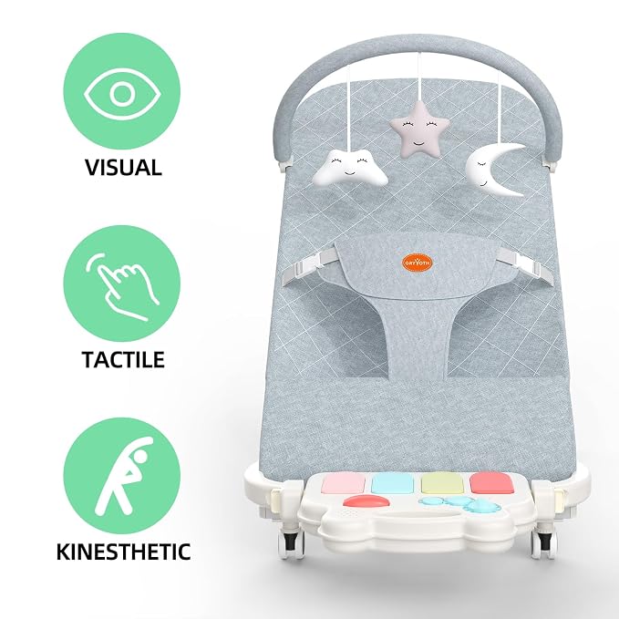 Portable Baby Bouncer Seat 0-18 Months,Detachable Piano & Hanging Toys,3-Level Recline (Rock/Fix),Foldable with Quiet Wheels,Baby Shower