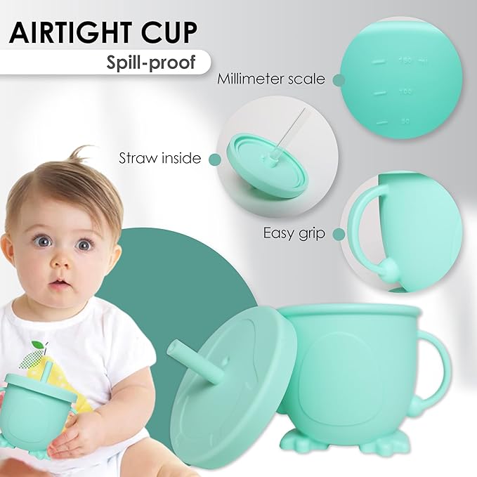 Bluet B - Silicone Baby Feeding Set - Baby Led Weaning Supplies - Baby Spoons, Suction Bowl - Plate - Baby Utensils - Silicone Feeding Set for Baby First Foods, Infant Eating - 8pcs - Green