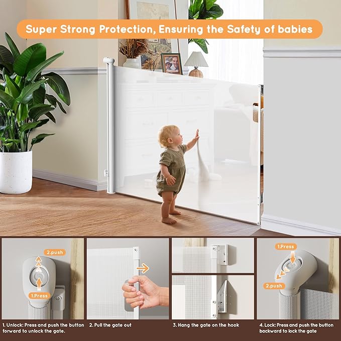 Retractable Baby Gate, 38" Extra Tall Mesh Dog Gate with Auto-Tension Design, 71" Wide One-Hand Operation Doorway Gates for Pets & Babies, No Bottom Rail Gate for Hallways, White
