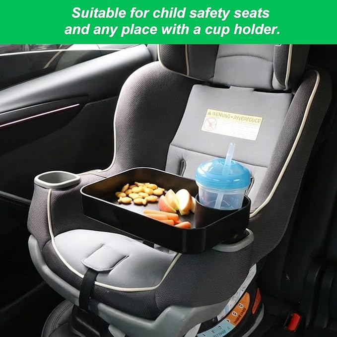 Car Seat Snack Tray for Kids, Mess-Free Square Travel Tray Cup Holder Snack Tray, Durable Car Food Tray for Toddlers, Universal Fit Kids Travel Road Trip Essentials (2Pcs black)