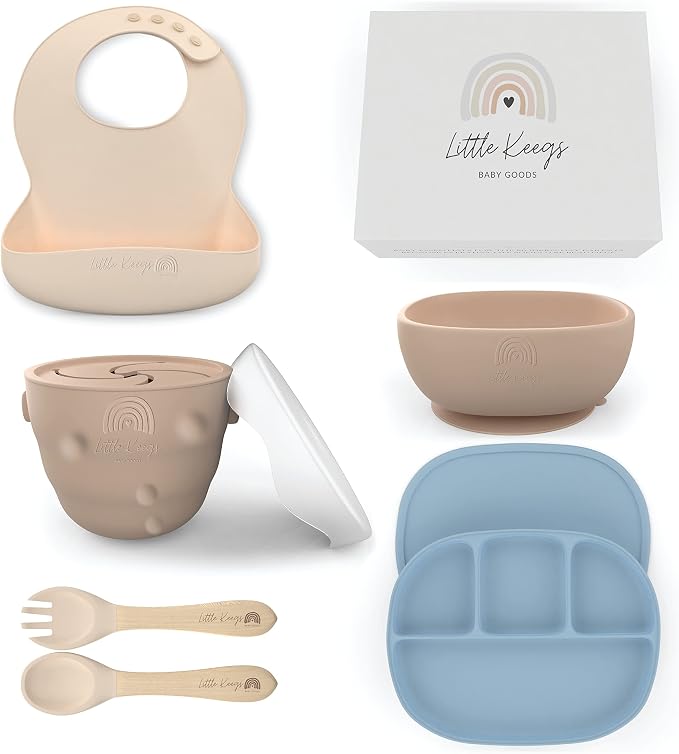 Baby Feeding Set - Baby Must Haves Gift Set - Baby Led Weaning Supplies - Toddler Silicone Feeding Set - Suction Baby Bowl, Bib, Snack Cup, Utensils, Baby Plate Set of 8 (Blue)