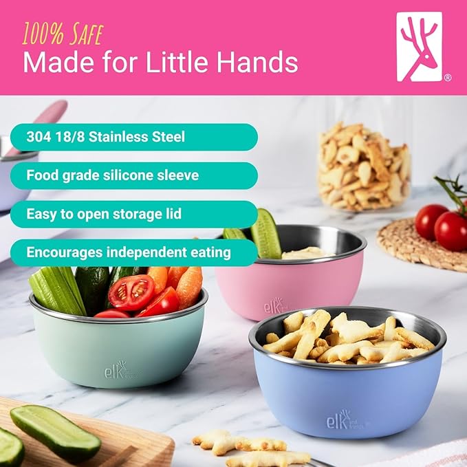 Elk and Friends Stainless Steel Bowls + Silicone Sleeve and Storage Lid | Baby, Toddler, Kids | Cereal & Snack Bowls | Storage Containers | Dishwasher Safe | 4 Pack