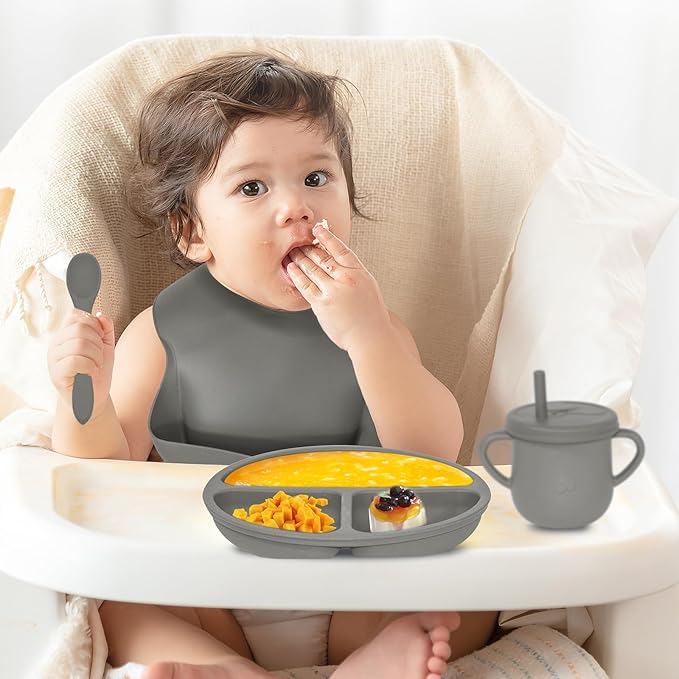 100% Silicone baby feeding set,BPA free Baby dishes set with Suction Bowl Divided Plate,Toddler Self Feeding Dish Set with Spoons Forks Sippy Cup And Bib, Baby Eating Utensils (Grey)