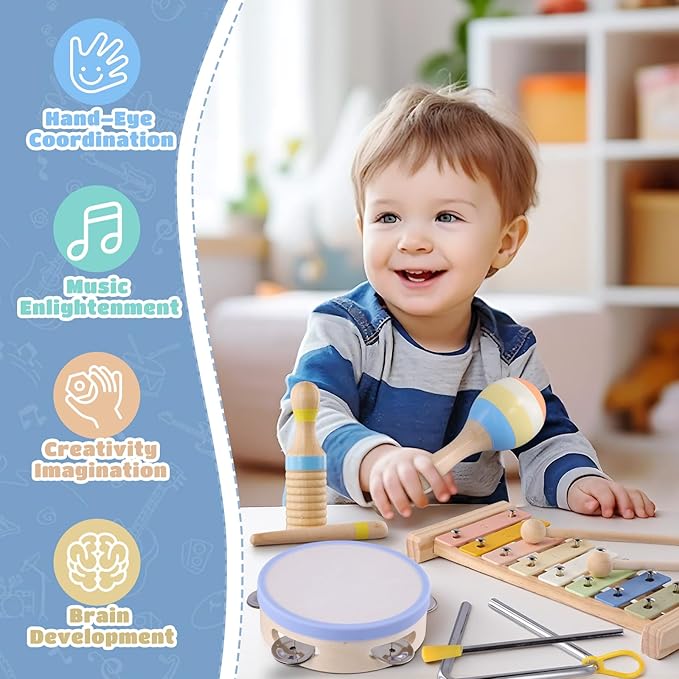 Baby Musical Instruments, Montessori Wooden Musical Toys for Toddlers 1??, Xylophone Tambourine Triangle Maracas, Wooden Baby Instruments, Kids Preschool Educational Toys, Birthday Gift for Boys Girls