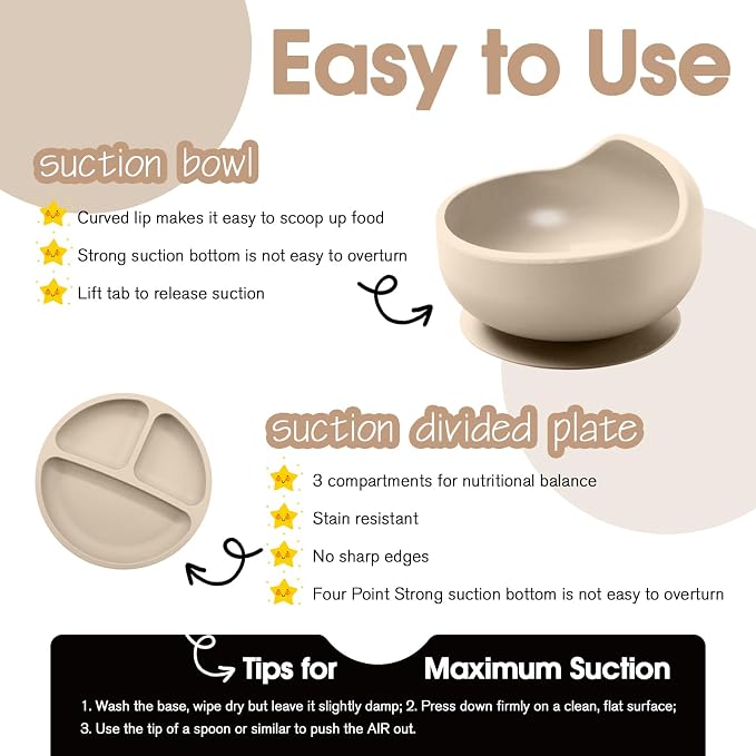 Baby Led Weaning Supplies, 8 Piece BPA-Free Silicone Feeding Set, Silicone Suction Bowl, Forks & Spoons, Bib & Cup, Develops Self Feeding Skills, Dishwasher Safe, for 6+ Months (Beige)