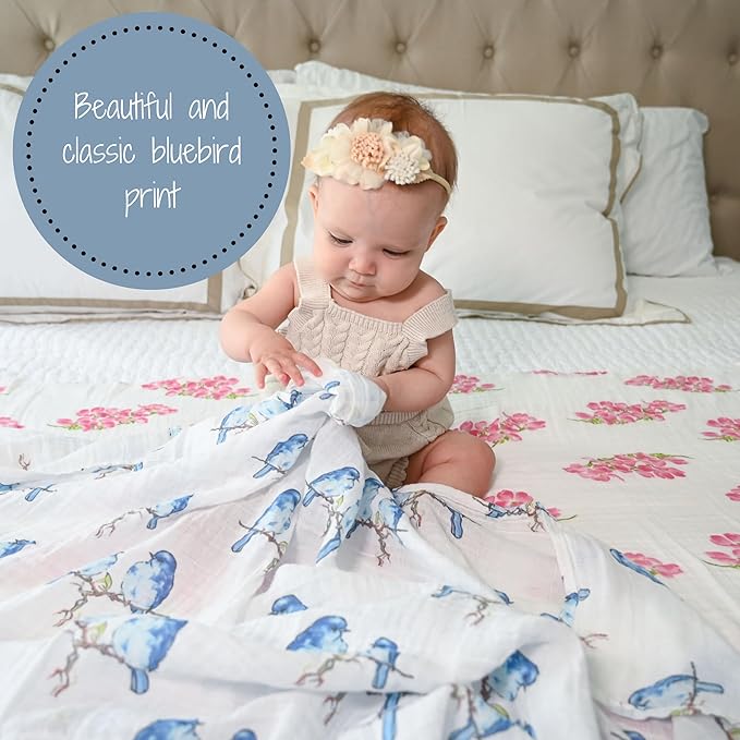 LollyBanks Baby Swaddle Blanket, 100% Muslin Cotton Muslin Blankets for Girls, Large 47 x 47 Inches Soft and Breathable Swaddles for Newborns, Baby Receiving Blanket, Registry (Flower and Bird 2 Pack)