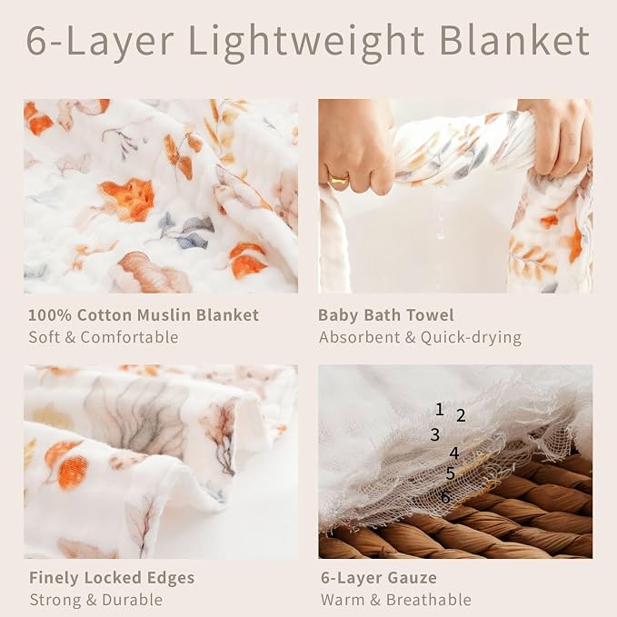Muslin Swaddle Blankets 6-Layer Cotton Baby Blankets for Boys & Girls 43"X43"Inches Receiving Blankets,Soft Skin-Friendly Baby Crib Blanket(Autumn Forest)