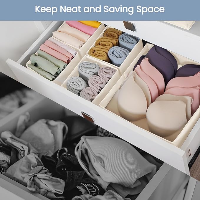 Criusia Drawer Organizer Clothes,16 Pack Underwear Drawer Organizers, Foldable Closet Organizers and Storage Dresser Drawer Dividers Clothing Organizer for Clothes, Socks, Scarves, Bra, Ties (Beige)