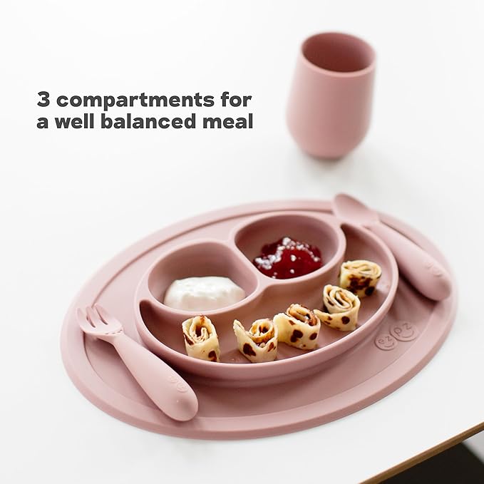 ezpz Mini Mat (Sage) - 6 -12 Months+ - 100% Silicone Suction Placemat + Divided Plate with Three Compartments - Supports Baby-Led Weaning - Designed for Highchair, Table, and Travel
