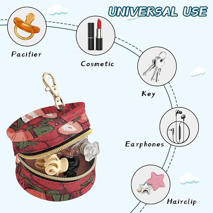 Pacifier Holder with Clip Pacifier Case for Diaper Bag Round Baby Pacifier Pouch Box Bag Portable Cartoon Red Strawberry