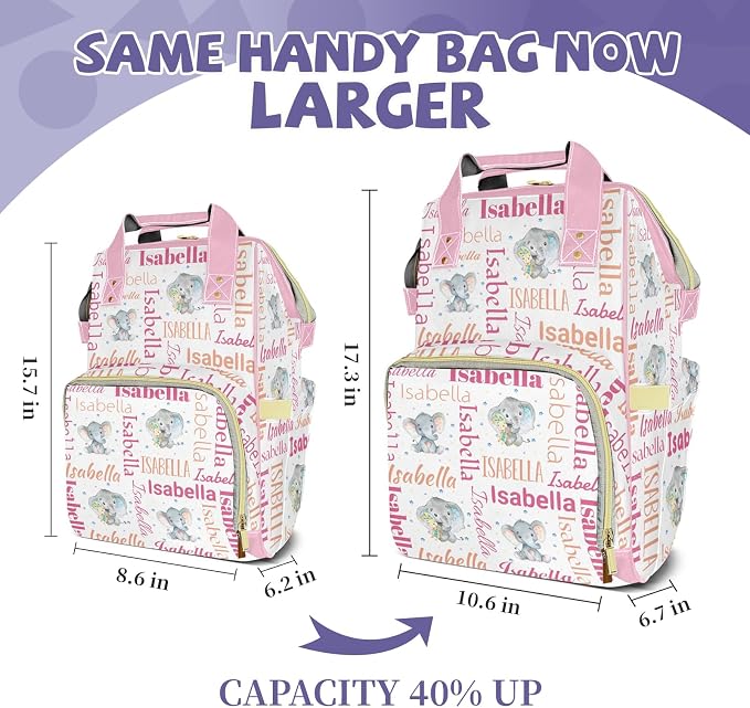 Custom Diaper Bag Backpack, Upgraded Large Capacity Baby Bag, Personalized Diaper Changing Backpack with Name, Multifuction Mommy Bag with Insulated Pockets, Baby Bag for Girls, Elephant Pink