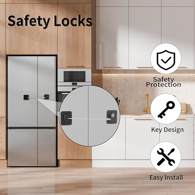 Fridge Lock with Key, Safety Lock for Refrigerator, Cabinet, Drawer, Window – Easy to Install, No Drilling(4 Pack, Rectangle Black)