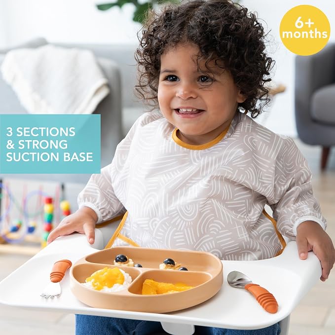 Bumkins Toddler and Baby Suction Plate, Silicone Divided Grip Dish for Babies and Kids, Baby Led Weaning, Children Feeding Supplies, Non Skid Sticky Bottom, Platinum Silicone, 6 Months Up, Woodgrain