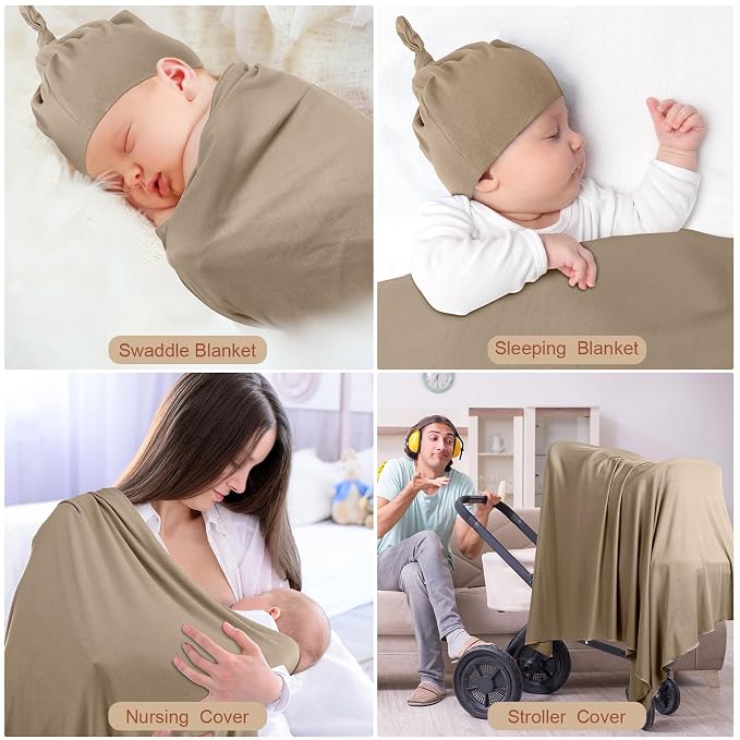 JaGely 2 Pcs Stretchy Baby Swaddle Blankets Set with Hats Extra Soft 47" x 47" Newborn Nursery Swaddle Wrap for Baby Girls and Boys(Apricot, Khaki)