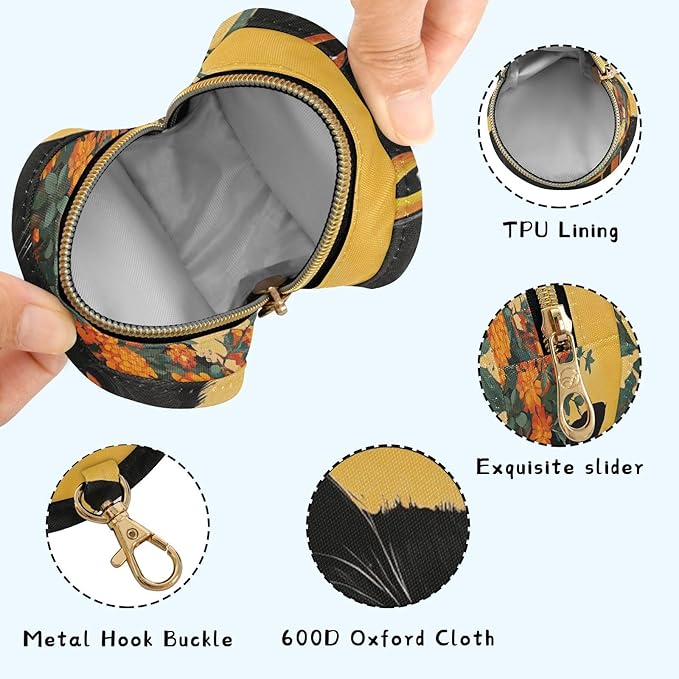 Pacifier Holder with Clip Pacifier Case for Diaper Bag Round Baby Pacifier Pouch Box Bag Portable Orange Flower Black Cat