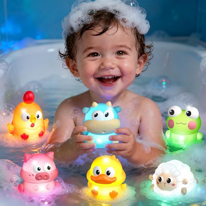 6 Packs Light Up Bath Toys for Kids Ages 1-3, Farm Animals Bathtub Toys for Toddlers 2-4, Water Pool Toys for 1 2 3 Year Old Boys Girls Babies 12-18 Months Gifts