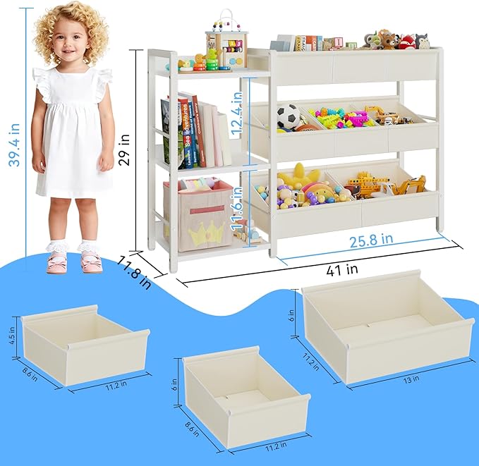 B7 Toy Storage Organizer with 3-Tier Wooden Shelves, Toy Chest Storage with 8 Bins, Toy Shelf Organizer, Kids Bookshelf and Toy Storage for Kids Room, Bedroom, Playroom, Nursery