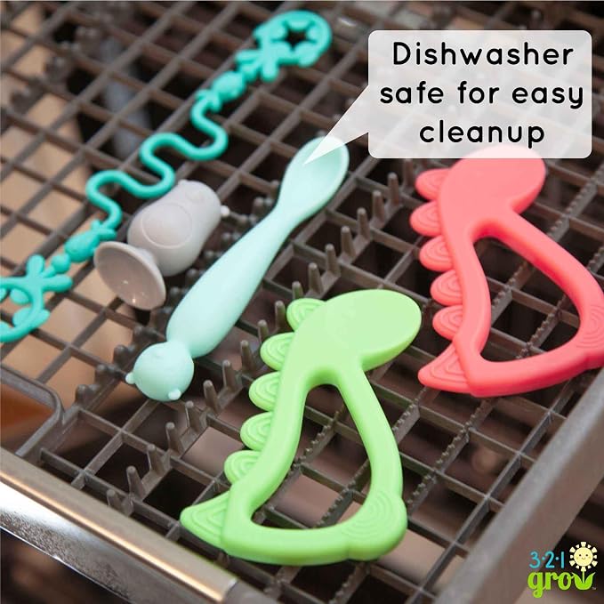 • Easy Learn Baby Spoon & Tether Set • Baby Spoon with Tether for Babies and Toddlers • Keeps Spoon Off Floor • Ages 6 mo+ • Dishwasher Safe (Bear, Plum)