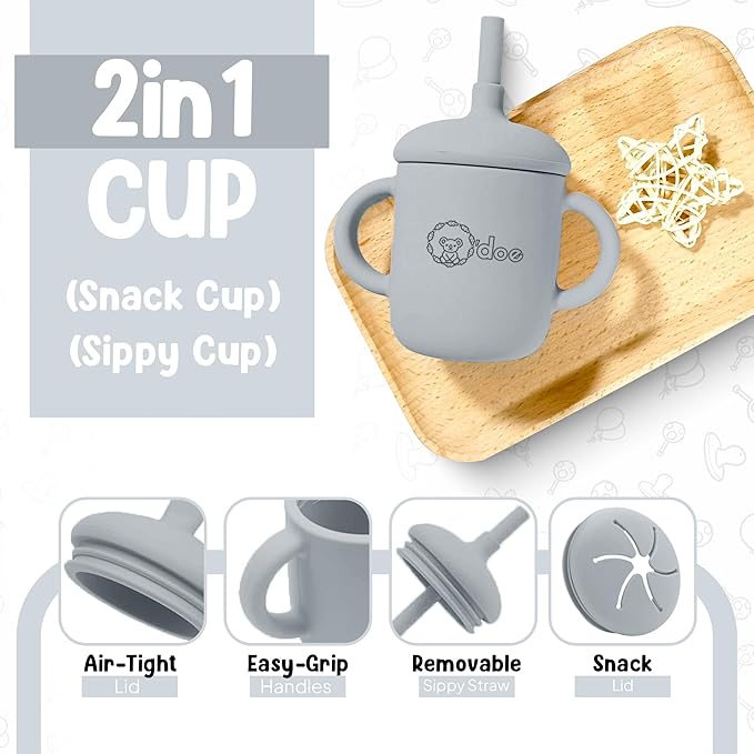 O'doe 17-Piece BPA-Free Silicone Baby Feeding Set | Thick & Soft Suction Plates, Baby Bowls, Wooden Fork & Spoon, and More | Make Mealtime Fun and Easy for Your Little One (Grey, V2)