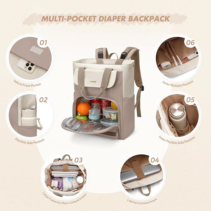 GOLF SUPAGS Diaper Bag Backpack with Portable Changing Pad 25L Baby Bag Insulated lunch box Backpack Fits 17.3" Laptop (Champagne & White)