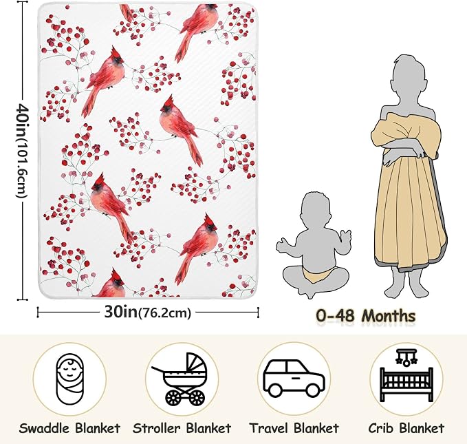 Ollabaky Cute Red Birds Baby Blanket for Boys Girls Cotton Throw Blanket Swaddle Blanket for Crib Stroller Nursery Receiving Blanket Infant Toddler Unisex 30"x40"