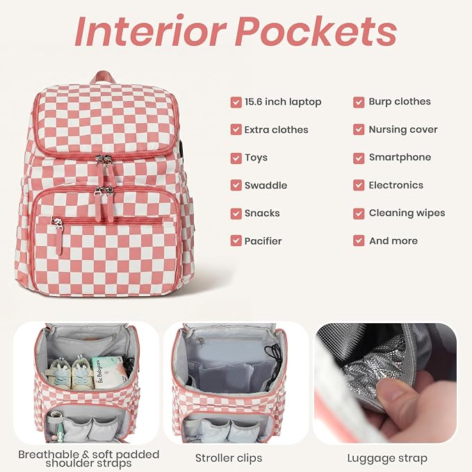 FHELAD Checkered Diaper Bag Backpack with Changing Pad & Stroller Clips, Large Travel Baby Diaper Bag for Newborn Moms, Baby Shower Gifts (Peach Pink)
