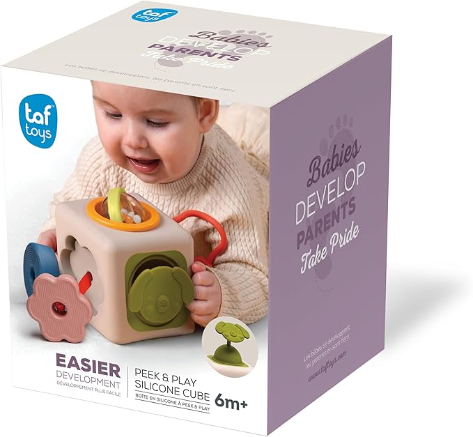 Taf Toys Busy Cube Toy Silicone Activity Cube for Baby 6 Months & Up Pop-It, Shape-Sorting, Sensory Exploration Spinning Bead Ball Develop Motor Skills Problem-Solving Montessori Toys for 1+ Year Old