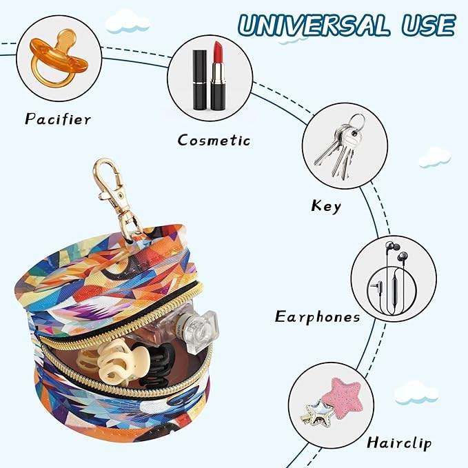 Pacifier Holder with Clip Pacifier Case for Diaper Bag Round Baby Pacifier Pouch Box Bag Portable Fox Geometric