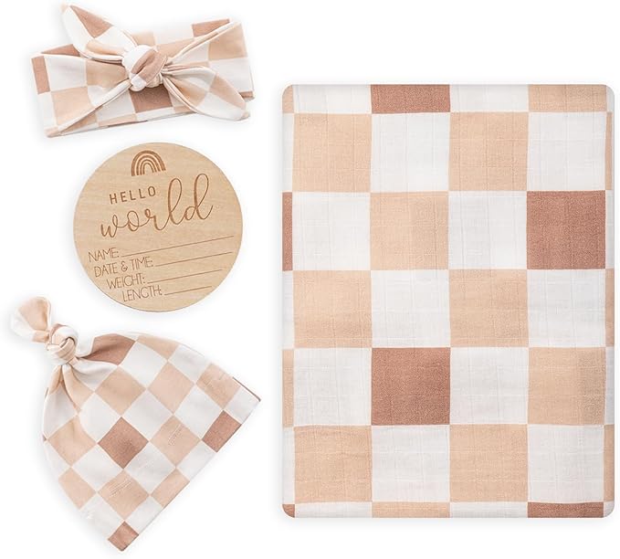 BabyWhale Muslin Swaddle Blanket with Hat and Headband Bow, Checkered Pattern Swaddle Set for Baby Boys ï¼?Girls, Unisex Newborn Soft Receiving Swaddle Wrap, 47x47 inches