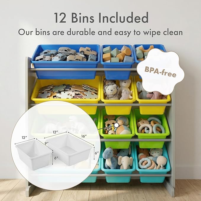 Humble Crew Kids Toy Storage Organizer with 12 Plastic Bins, Grey/Blue/Green/Yellow ??Removable Bins for Playroom, Bedroom, Toddler Furniture for Boys and Girls Ages