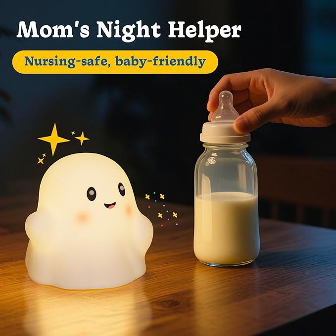 Rechargeable Night Light for Kids, RGB Ghost Night Lights 30-Min Timer/9 Sounds/9 Sleep Music/Touch Sensor, Multi-Color Silicone LED Night Lamp for Bedroom Nursery Room Christmas Decor