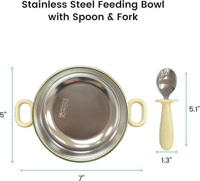 Lulyboo Stainless Steel & Silicone Toddler Feeding Bowl Set - Double-Layer Insulated, Non-Slip Base, Removable Insert, Easy-Grip Fork & Spoon for Easy Self-Feeding, Essential for Babies 6 Months+
