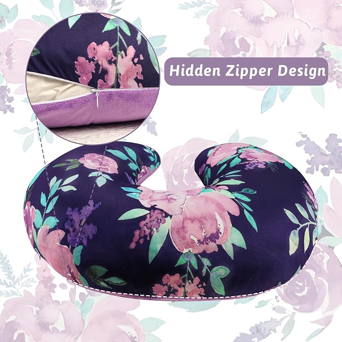 TANOFAR Nursing Pillow Cover 1 Pack, Stretchy Removable Nursing Cover for Breastfeeding Pillows, Ultra Soft Snug Fits On Newborn Feeding Pillow Case for Baby Girls/Boys, Purple Flower