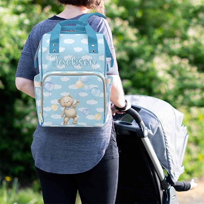 M YESCUSTOM Custom Blue Bear Diaper Bag with Name, Personalized Colorful Balloon Cute Nursing Baby Bag Multifunction Mommy Daypack with Large Capacity Christmas Girt for Women