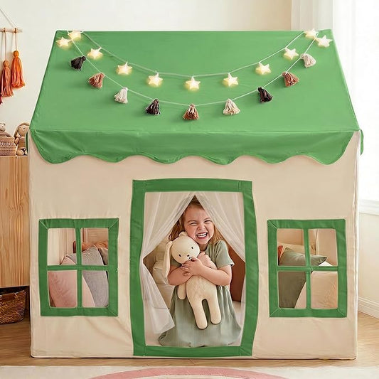 Little Dove Kids Play Tent with Mat, Star Lights, Tassel Garland, Toddler Playhouse with Windows Easy to Wash, Indoor and Outdoor Play Tents for Kids, Toys for Girls, Boys, Birthday Gift, Green