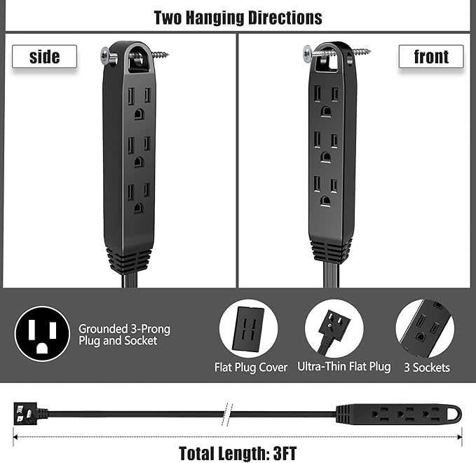 CABOCASA 2 Pack 3FT Flat Plug Extension Cord Power Strip with 3 Outlets, Patented Detachable Ultra Thin Outlet Cover Concealer & Ultra Flat Plug, Max. 13A 125V 1625W ETL Listed, Black Color