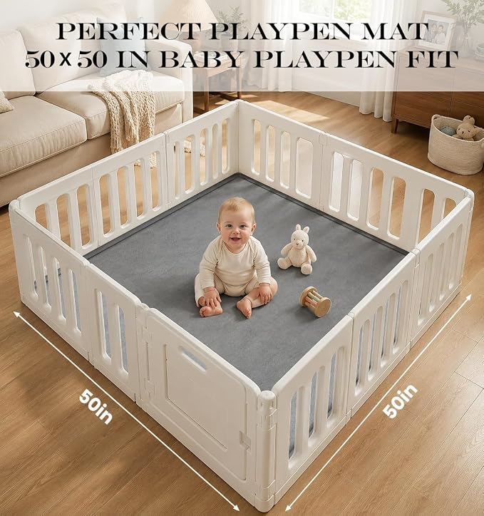 AEOCOO 50x50 Playpen Mat 1.3" Thick Memory Foam Baby Play Mats for Infants Floor Crawling, Toddlers Tummy Time, CloudSoft Velvet Non Slip Cushion, Play Pen, Living Room, Playroom, Tatami Style, Grey