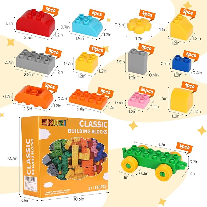 Creative Building Blocks - 116 Pieces Large-Size Blocks, Build Train Animal, Ideal STEM Toy for 3 Year Old Kids