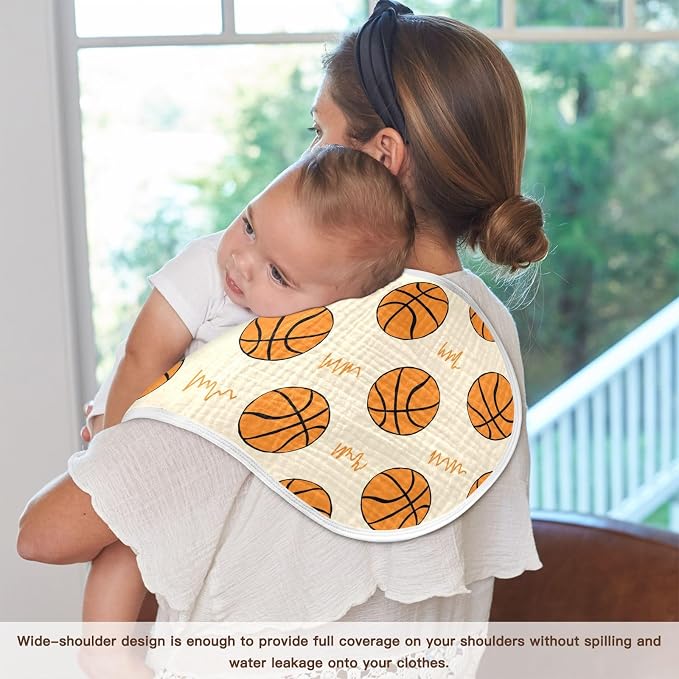 Muslin Burp Cloths for Baby Boys and Girls - 4-Pack Ultra Absorbent Basketball Muslin Washcloths, Newborn Towel, Milk Spit Up Rags, Burp Cloth Bib for Unisex, 22 x 11 Inch