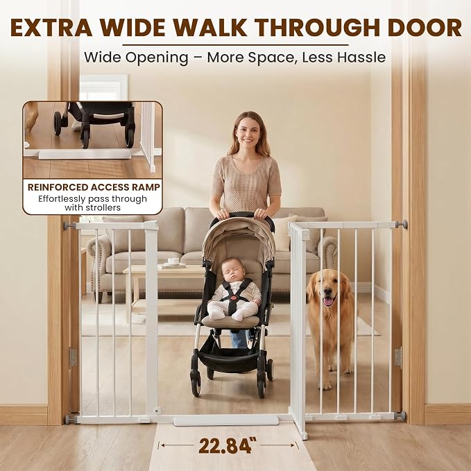Mumeasy 36" Extra Tall Baby Gate for Doorways, 29.7"-57" Extra Wide Dog Gate for Stairs, Pressure Mounted Auto Close Pet Safety Gate with Easy Walk Thru Door, Large Indoor Child Gate for House, White