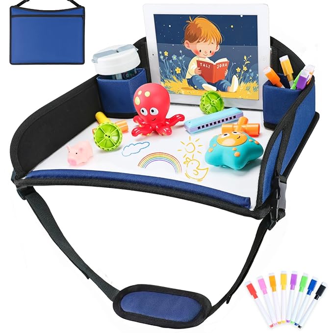 COOLBEBE Kids Travel Tray for Toddler Car Seat, Travel Tray for Airplane, Toddler Car Seat Lap Tray, Carseat Table Tray for Kids Travel Activities (Navy Blue)