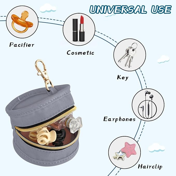 Grey Pacifier Holder Case Newborn Pacifier Storage Pouch for Boys Girls Easy Attach to Diaper Bag Portable Baby Essentials Container