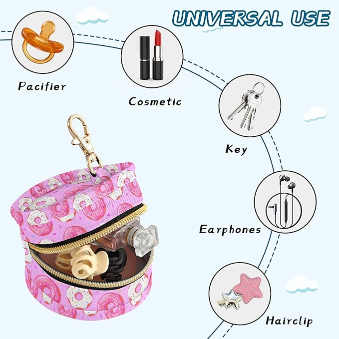 Baby Pacifier Case with Clip, Donuts Pink Portable Pacifier Holder, TPU Lined Dust-Proof Storage Pouch for Diaper Bag and Stroller