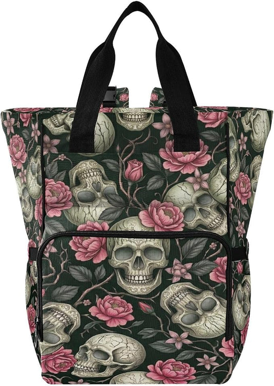 Green Skull Rose Diaper Bag – Travel Large Capacity for Mom Dad