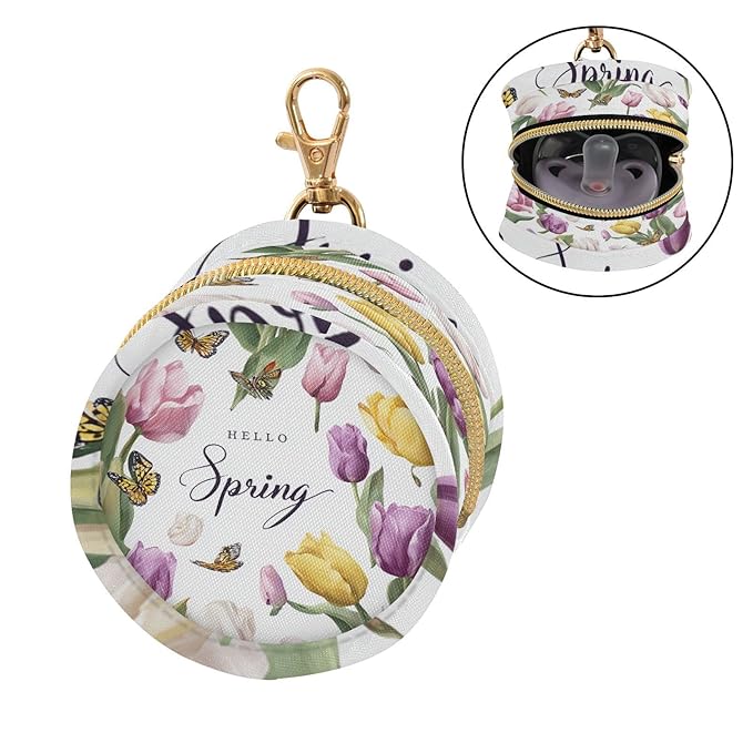 Pacifier Holder with Clip Pacifier Case for Diaper Bag Round Baby Pacifier Pouch Box Bag Portable Spring Tulip and Butterflies White