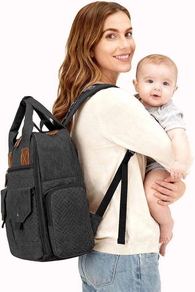 JSTPRO Diaper Bag Backpack - Large Diaper Bag with Portable Changing Pad as Baby Shower Gifts, Lightweight Waterproof Unisex Travel Baby Bag with 4 Insulated Pockets and Stroller Buckles, Black