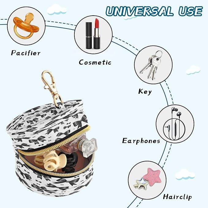 Black Ribbon Bows Pacifier Holder Case with Clip Portable Small Travel Pacifier Pouch for Mom Bag Zipper Coin Purse Pendant