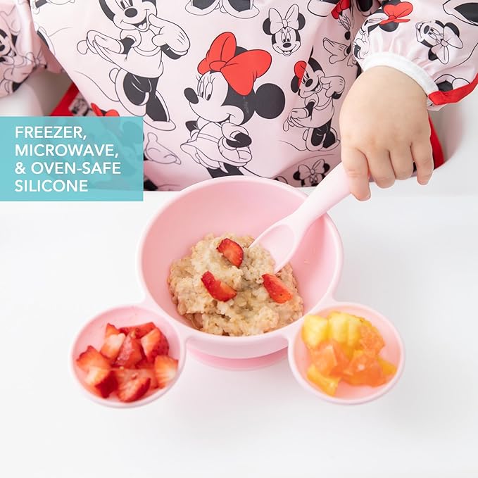 Bumkins Disney Baby Bowl, Silicone Feeding Set with Suction for Baby and Toddler, Includes Spoon and Lid, Essentials for Baby Led Weaning,for Babies 4 Months, Minnie Mouse Light Pink