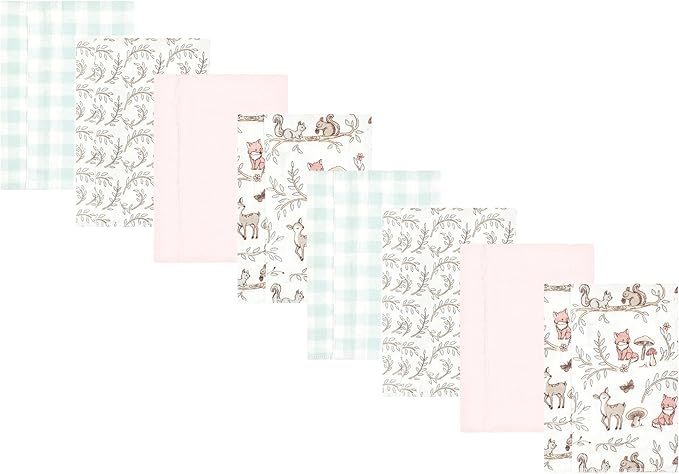 Hudson Baby Cotton Poly Flannel Burp Cloths Multipack, Girl Woodland Pals 8-Pack, One Size