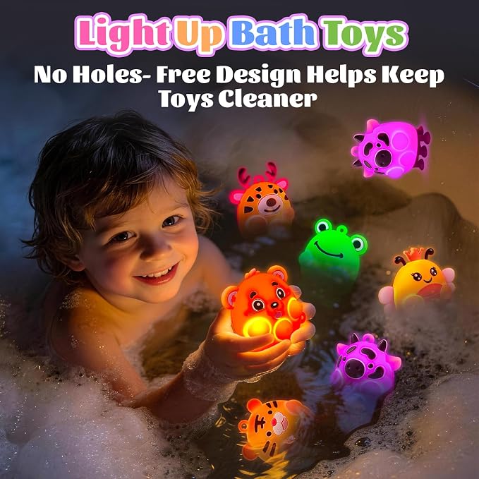 ChildFun 6PCS Light Up Animal Suction Popper Fidget Toys, Baby Bath Toys, Travel Airplane Road Trip Car Activities for Toddlers, No Hole Bath Toys, Sensory Toys for Kids with Autism